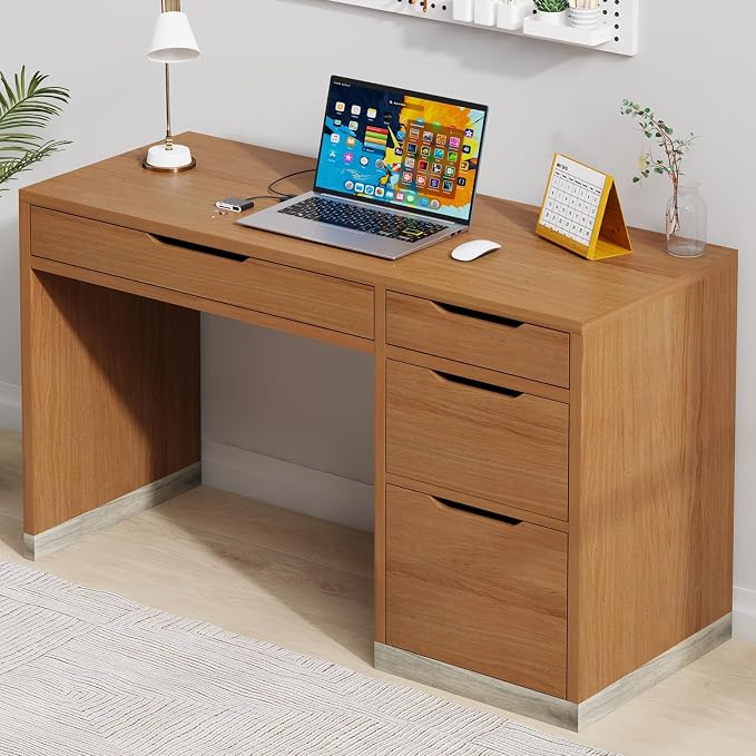 MaverickFurni 52 Inch Desk with 4 Drawers, Small Computer Desk for Small Space, Home Office Desk with Storage File Drawer for Bedroom, Brown