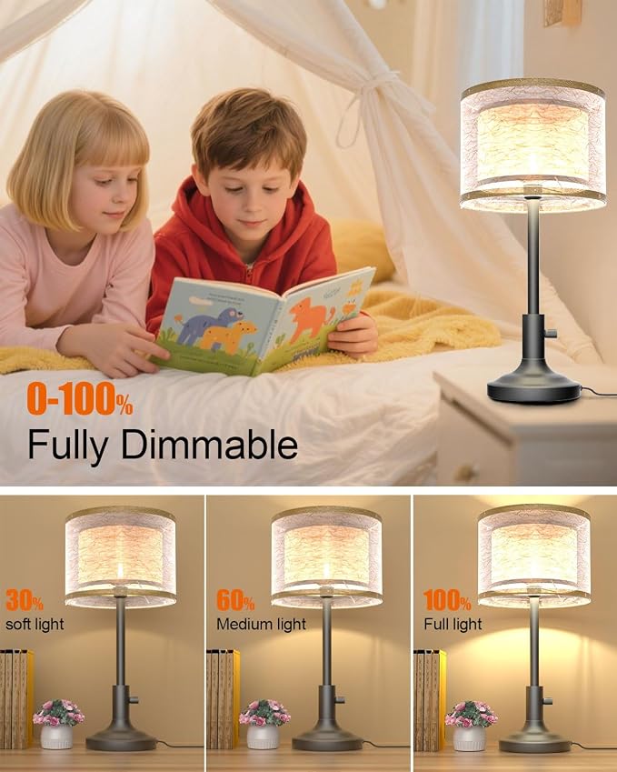 Lightdot Mid Century Table Lamp for Bedroom, Vintage Black Dimmable Table Lamp with 2-Layer Lampshade, Farmhouse Bedside Lamp Nightstand Light for Living Room(Bulbs Included)