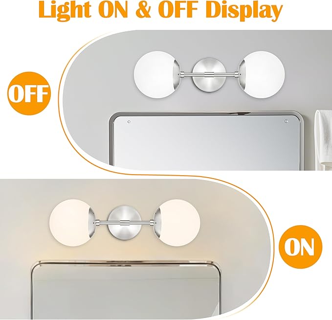 KoKo&Yukina Nickel 2 Pack Vanity Light Fixtures Mid Century Modern Bathroom Vanity Light Globe Sconce with Milky White Glass for Bathroom Bedroom