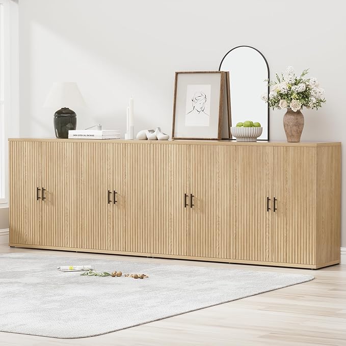 Yechen Accent Fluted Sideboard Buffet Cabinet with Storage and 4 Doors, Mordern Credenza Storage Cabinet with Adjustable Shelves, Media Console Table, for Living Room Dinning Entryway Kitchen/Oak