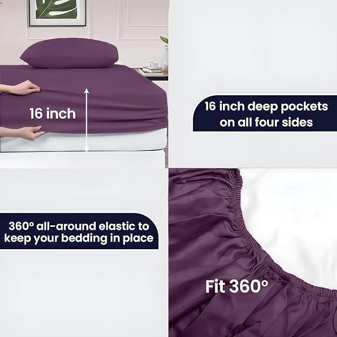 SGI bedding 100% Egyptian Cotton Sheets RV King Size – 600 Thread Count Sheets Set, Soft, Cooling, 15" Deep Pocket, Luxury Hotel Bedding, Breathable, Durable - Plum