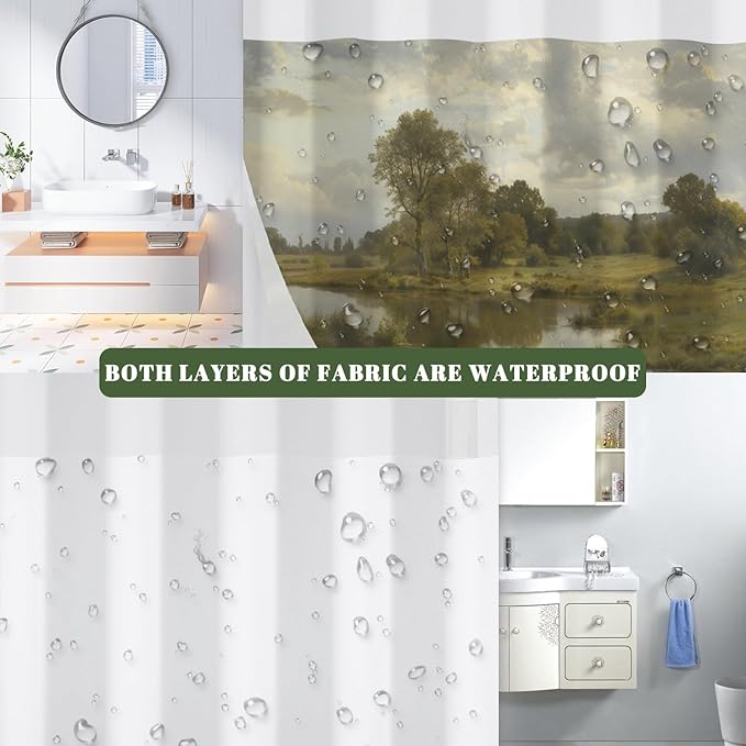 No Hook Shower Curtain with Snap in Liner, Rustic Countryside Landscape Lake Print - Mesh Top Waterproof Bath Tub Curtain Set for Farmhouse Cottage Nature Bathroom Decor, 71W x 74H