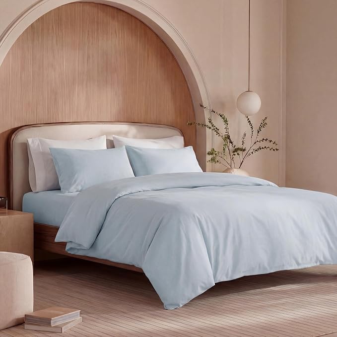 100% Washed Cotton Duvet Cover Queen Size – Light Blue, Linen-Like Texture, Super Soft & Breathable Bedding Set, 3-Piece Durable Percale Comforter Cover