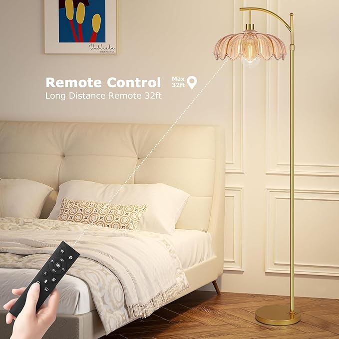Arc Floor Lamp for Living Room Gold Floor Lamp with Remote Control,Dimmable Floor Lamps With Glass Lampshades,Mid Century Modern Standing Lamp Tall Vintage Flower Floor Lamps for Bedroom,Corner