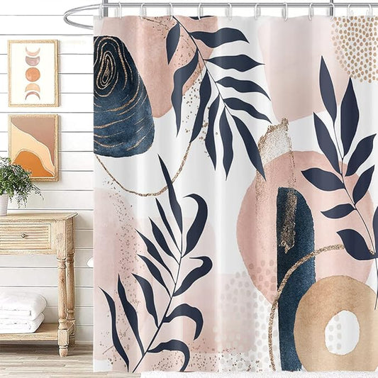 Abstract Boho Shower Curtain Mid Century Eucalyptus Leaves Botanical Pink Chic Pattern for Women Minimalist Bathroom Decor Accessories Shower Curtain Set with 12 Hooks, 72x84 Inches
