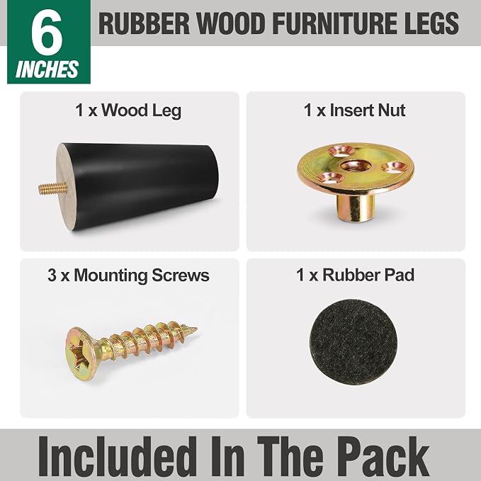 FoDau770 Black Rubber Wood Furniture Legs 6 Inches, 5/16" UNC Straight Tapered Wood Feet Mid Century Sofa Legs, Wooden Furniture Feet Replacement Parts for Cabinet Couch Dresser Chair Ottoman Table