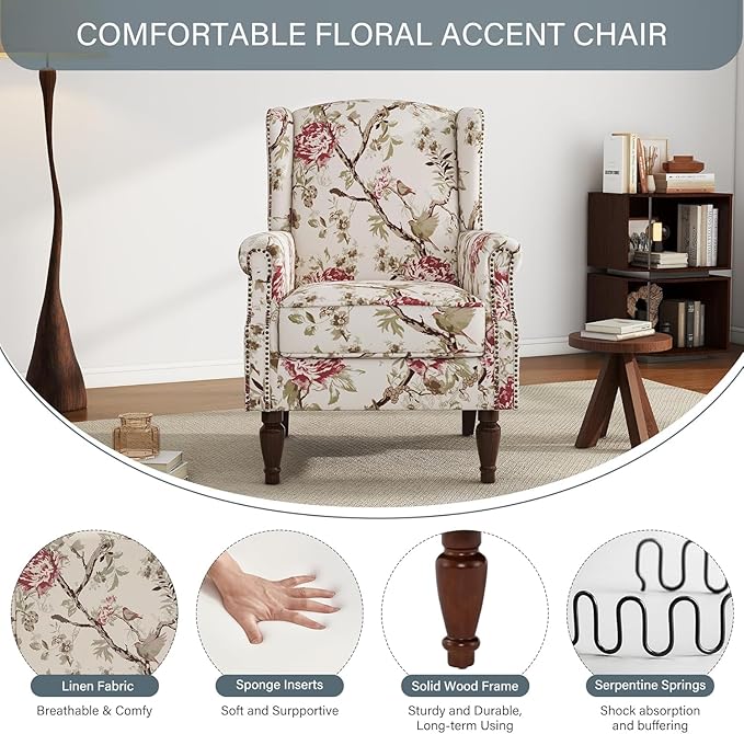 High Back Accent Chair, Fabric Wingback Chair Upholstered Armchair for Living Room - Beige Floral