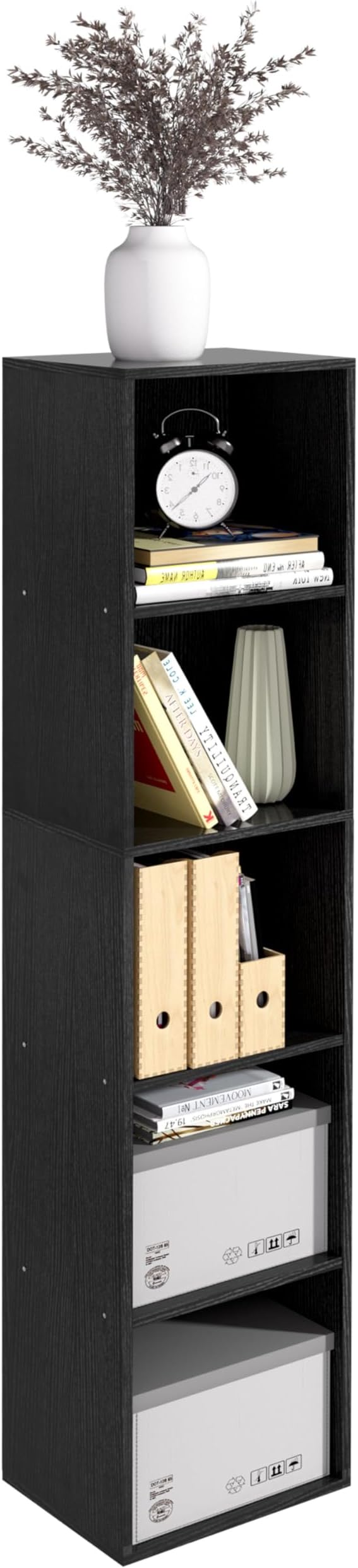 5-Tier Wooden Cube Storage Organizer, 52 Inch Tall Bookcase & Display Shelf with 5 Open Cubes, Freestanding DIY Closet Shelving Unit for Living Room Bedroom Office (Black, 5 Cube-W(11.8inch)