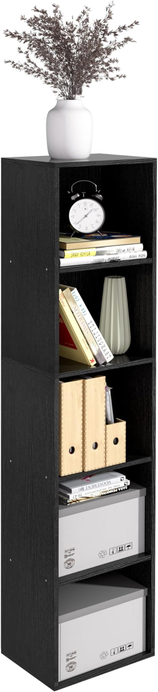 5-Tier Wooden Cube Storage Organizer, 52 Inch Tall Bookcase & Display Shelf with 5 Open Cubes, Freestanding DIY Closet Shelving Unit for Living Room Bedroom Office (Black, 5 Cube-W(11.8inch)
