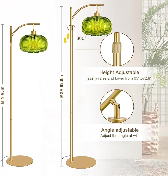 Modern Floor Lamp for Living Room, Mid Century Tall Standing Lamp Green Glass Lamp Shade, Dimmable Gold Tall Pole Lamp for Bedroom Office with Remote, 1 x 12W LED Edison Bulbs Included