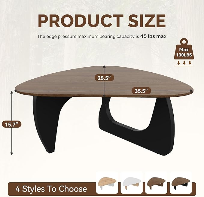 Modern Wood Coffee Table, Triangle Center Table with Premium Wooden Top& Unique Base, 35.5” Small Mid Century Tea Tables for Living Room, Apartment, Office,Walnut & Black