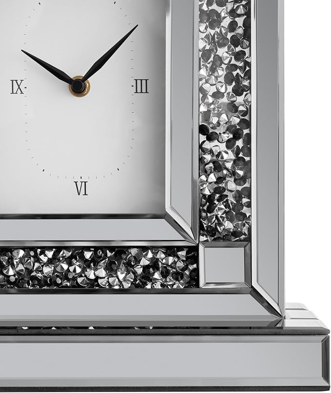 SHYFOY Luxury Crystal-Embedded Mirrored Table Clock, Elegant Decorative Clock with Roman Numerals for Home & Office, Silver Glam Desk Clock Home Decor