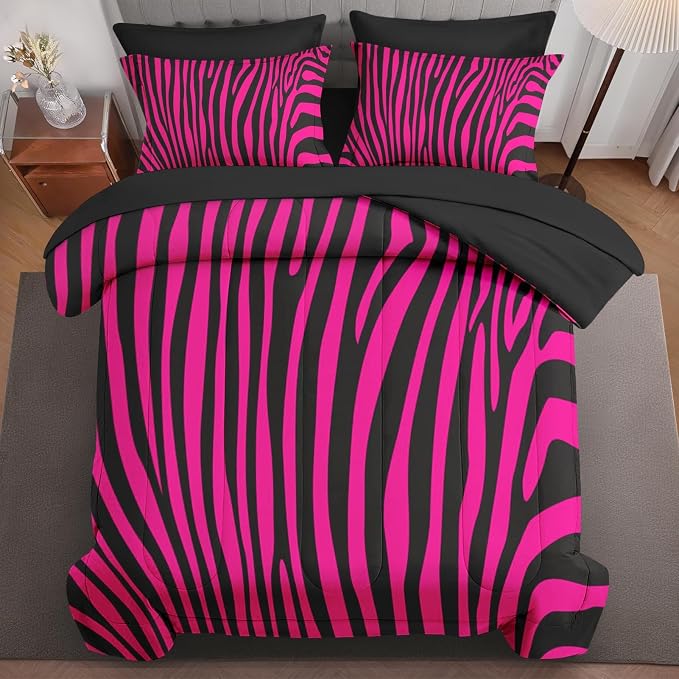 7Pcs Comforter Set King Size, Hot Pink Zebra Print Line Abstract, Bedding Decor Wildlife Black Striped Animal Jungle Bedroom Bed Set Flat Sheet Fitted Sheet Pillowcases Shams for Kids Adults