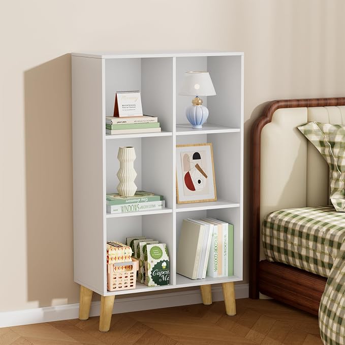 6 Cube Storage Organizer with Legs, 3 Tier Cube Low Bookcase Freestanding Storage Display Organizer for Home Office, Three-Cubes Open Shelf Short Bookshelf (White, 6 Cube Vertical)