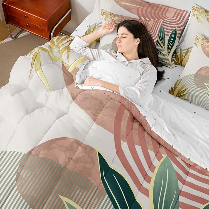 Erosebridal 7 Pcs Mid Century Boho Comforter Set Twin Abstract Retro Minimalist Bedding Sets for Women,Modern Bohemian Aesthetic Bed in a Bag Simple Quilt with Flat Fitted Sheet,Pink Green