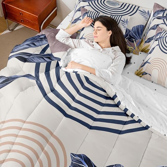 Erosebridal Retro Mid Century King Comforter Set with Sheets 7 Piece Pink Blue Palm Leaf Bed in A Bag Vintage Bohemian Plant Leaves Bedding Sets for Teens Teenager Modern Stripes Aesthetic Bed Set