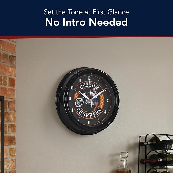 American Art Decor Custom Choppers LED Clock - 12" Wall Mounted Modern Motorcycle Wall Decor - Wall Clock for Living Room, Dorm, Mancave, Garage, Office, Game Room (Black/Orange/Red)