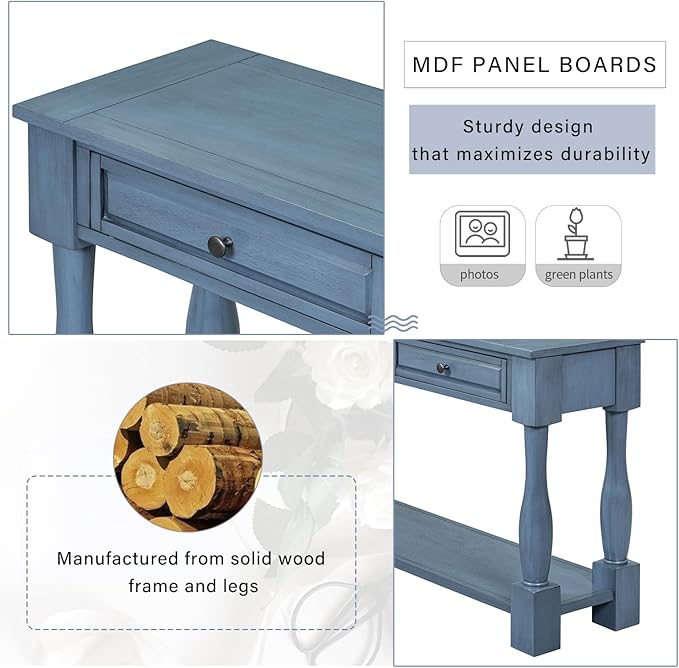 Merax Long Console Table with 3 Storage Drawers, Entryway Table with Pine Wood Frame and Legs, Sofa Table with Bottom Shelf for Entryway Living Room, Easy Assembly, Navy
