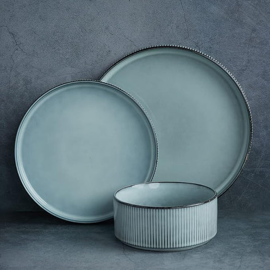 famiware Star Dinnerware Sets, Plates and Bowls Set for 4, 12 Pieces Ribbed Dishes - Chip and Scratch Resistant, Microwave and Dishwasher Safe Tableware, Smoky Blue