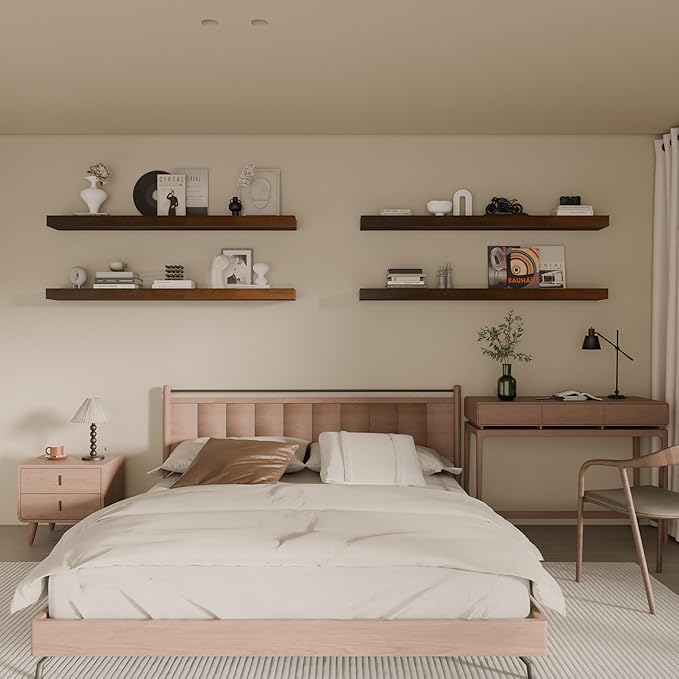 Floating Shelves for Wall, 48 Inch Extra Long Walnut Wall Shelves, Set of 4, Hanging Invisible Brackets Floating Shelves for Living Room,Bedroom,and Kitchen