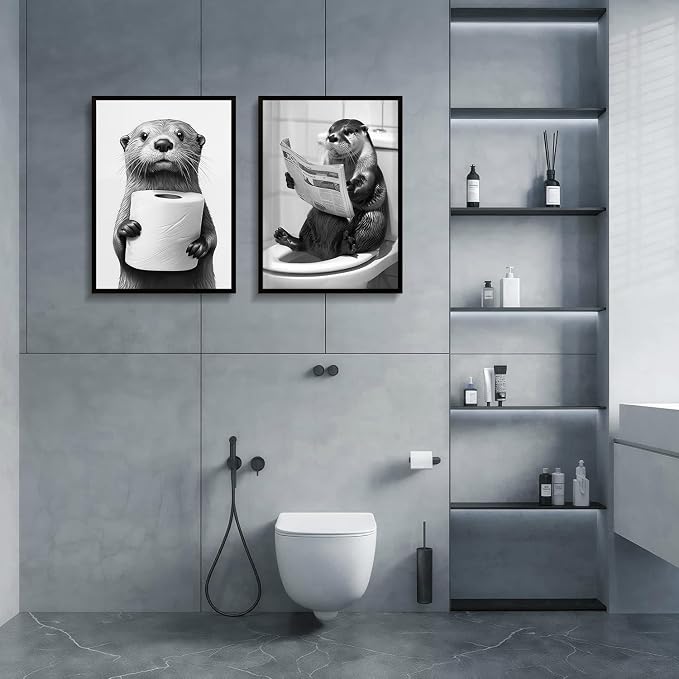 Framed Funny Bathroom Wall Art Otter Canvas Prints Black and White Animal Posters Cute Toilet Humor Pictures Gallery Style Wall Decor Home Guest Bath 16x24 inch Ready to Hang