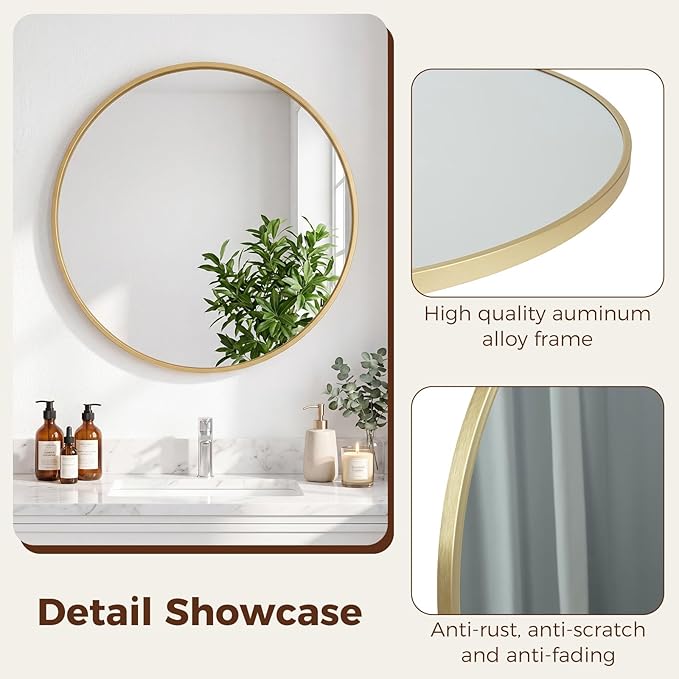 NEWBULIG 24 Inch Round Wall Mirror, Bathroom Mirrors for Over Sink, Matte Metal Framed Circle Vanity Mirror, Wall Decor for Bedroom, Anti-Rust, Tempered Glass, Hanging or Leaning, Classic Gold