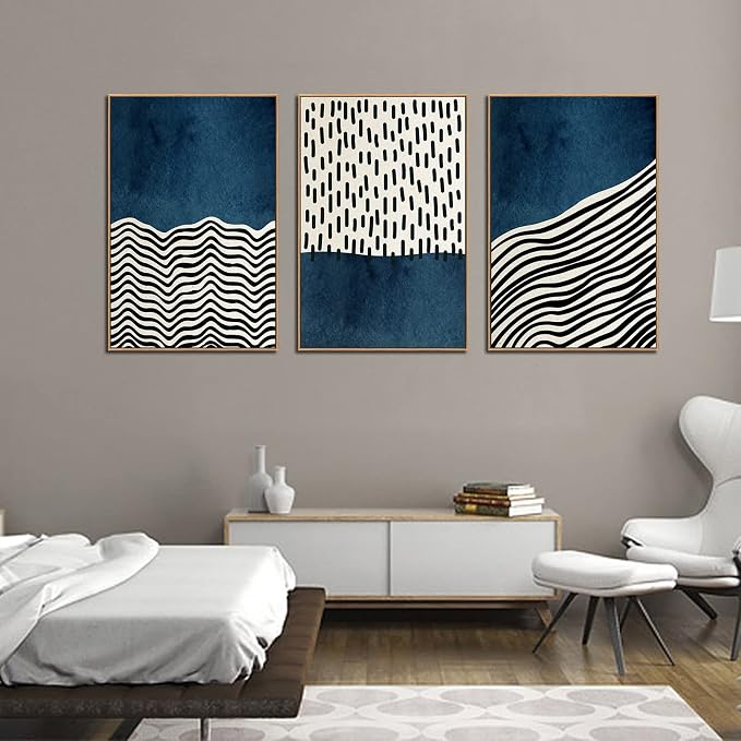 Framed Wall Art Canvas Set Mid Century Boho Picture Modern Abstract Geometric Lines Wall Decor Minimalist Black Indigo Canvas Painting Artwork Living Room Bedroom Home Office 24"x36"x3 Natural