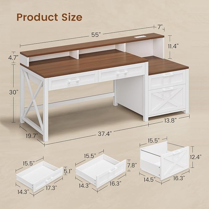 SEDETA Farmhouse Home Office Desk with File Drawer & Power Outlet, Computer Desk with 4 Drawer, Storage Shelves, Printer Cabinet and Monitor Shelf, Gaming Desk with Led Lights, White Brown