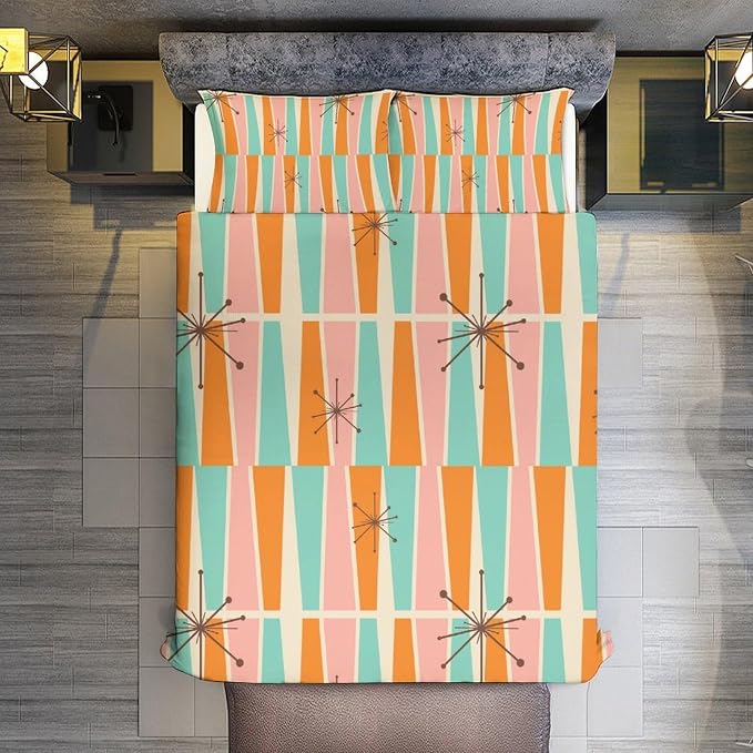 Modern Mid Century Duvet Cover Queen Retro Atomic Bedding Set, Rainbow Grid Comforter Cover Vintage Fifties 1950s Bed Set，Abstract Art Bedding 3 Piece (1 Duvet Cover 102"x90" + 2 Pillow Sham 20"x30")