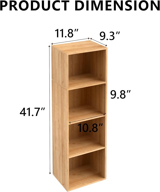 4-Tier Wooden Cube Storage Organizer, 42 Inch Tall Bookcase & Display Shelf with 4 Open Cubes, Freestanding DIY Closet Shelving Unit for Living Room Bedroom Office (Oak, 4 Cube-W(11.8inch)
