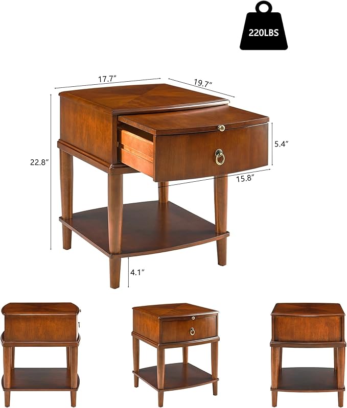 2-Set Traditional Wood End Table with Drawer and Storage Shelf, Hardwood Beside Table with Pull-Out Divider, Modern Vintage Sofa Chair Side Table Nightstand for Living Room Bedroom, Cherry Brown