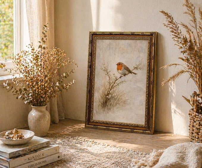 Vintage Gold Framed European Robin Perched on Branch Wall Art - Redbreast Robin Bird on Twig with Flowers Painting Print, Antique Gold Frame Nature Picture Wall Decor 12x16 Inch