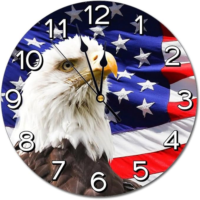 Patriotic Bald Eagle with American Flag Wall Clock Battery Operated Silent Round Clock Wall Decor for Home Office School, 12 Inch