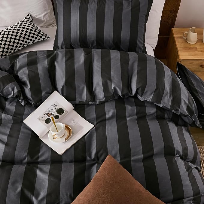 Merryword Black and Gray Striped Duvet Cover Set King Size - 100% Cotton Bedding Set with Zipper & Corner Ties, 3-Piece Luxury Linen Like Bedding Set for All Seasons