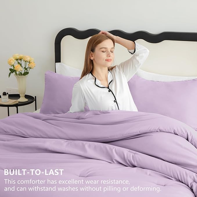CozyLux Queen Comforter Set Lavender, 3 Pieces Lightweight Comforters Queen Size Bedding Sets, Light Purple All Season Solid Down Alternative Comforter with 2 Pillowcases, Soft Bed Set Gift for Home