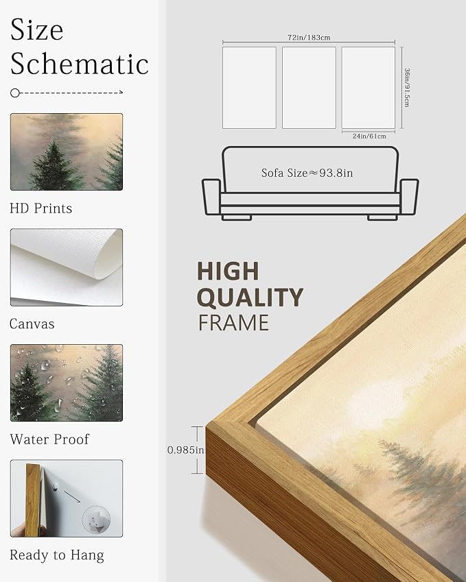 KUVIOKE Sun Dawn Fog Pine Tree Framed Wall Art Morden Nature Nordic Forests Artwork Bedroom Decor 24x36in (Natural Framed)