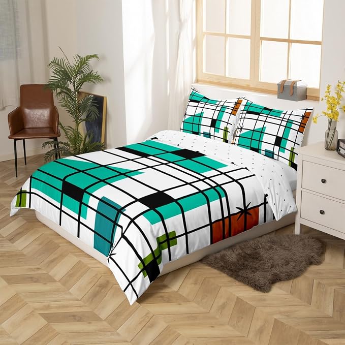 Retro Atomic Comforter Cover White Turqoise Black Bed Set, Geometric Lines Stripes Duvet Cover Queen Size Mid Century Minimalist Bedding Sets, Fifties Old Fashion Bedspread Cover Microfiber 3pcs