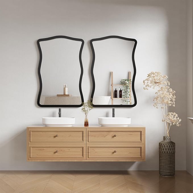 ULIKE Wavy Wall Mirror for Bathroom, 24x36 Wood Frame Mirror for Over Sink, Rustic Wall Mirrors Decorative and Vanity Mirrors for Bedroom Living Room Entryway, Black