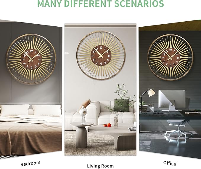 24 Inch Mid-Century Modern Wall Clock, Round Frame Metal Design with Walnut Wood Center, Silent Quartz Movement, Gold-Tone Accents – Decorative Wall Clock for Living Room, Bedroom, and Office