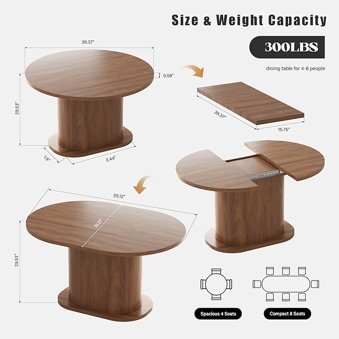 39.37"-55.12" Round Extendable Dining Table, Oval Kitchen Table with Fluted Metal Slide Door, Space-Saving Expandable Dining Table for Small Apartment & Family Use, Walnut
