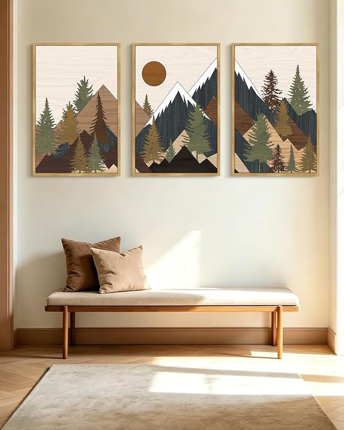 KUVIOKE Morden Mountains Framed Wall Art Boho Pine Tree Forest Nature Landscape Artwork Bohemain Farmhouse Rustic Bedroom Living Room Decor 24x36in (Natural Framed)