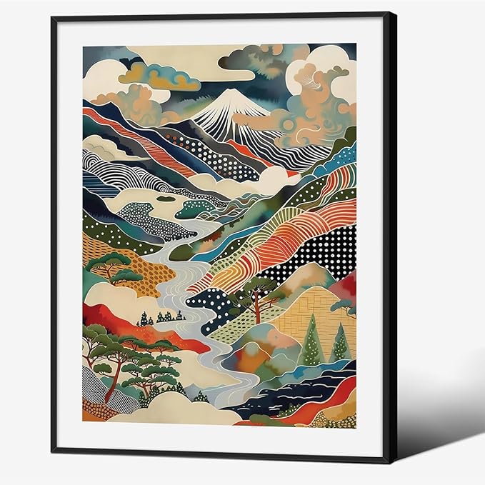 Japanese Mount Fuji Poster Colorful Nature Landscape Mountain Wall Art 12X16 inch Black Framed Modern Trendy Abstract Aesthetic Canvas Prints Wall Decor for Home Bedroom
