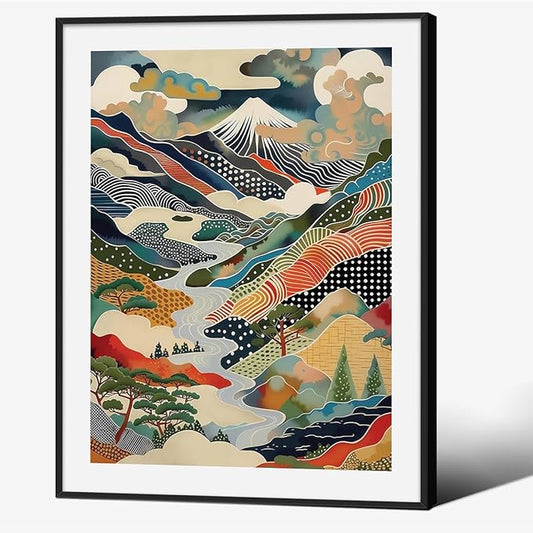 Japanese Mount Fuji Poster Colorful Nature Landscape Mountain Wall Art 08x10 inch Black Framed Modern Trendy Abstract Aesthetic Canvas Prints Wall Decor for Home Bedroom