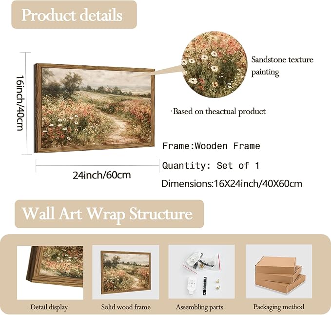 Vintage Floral Wall Art Nature Country Wildflower Wall Decor Painting Modern Botanical Flower Farmhouse Landscape Artwork 3D Textured Sandstone for Living Room Bedroom 16x24 inch Wood Framed