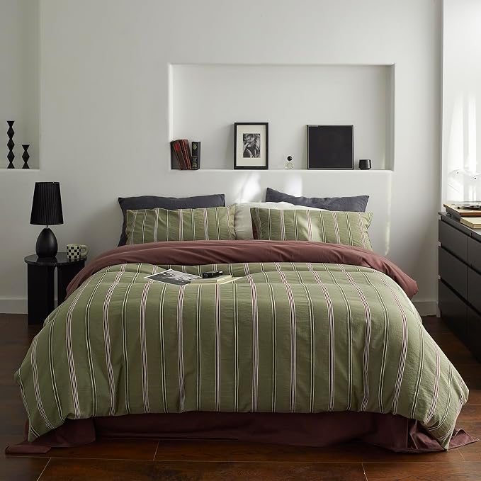 mixinni Vintage Striped Duvet Cover Set Queen – 100% Cotton Reversible Jacquard Bedding Set, Retro Olive Green & Terracotta Comforter Cover, Soft Breathable 3-Piece(1 Duvet Cover+2 Pillowcases)