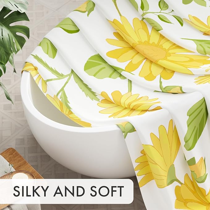 AmazerBath Floral Shower Curtain, Washable Cloth Shower Curtain Sets with 12 Shower Curtain Hooks, Fabric Rustic Yellow Gerbera Flower Eucalyptus Fall Shower Curtains for Bathroom Decor, 72x72 Inches