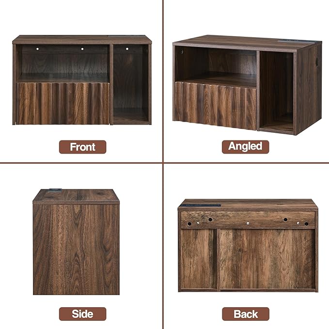 Floating Nightstand with Charging Station, Walnut Fluted Wall Mounted NightStand with Drawers, Bedside with USB Ports and Outlets, Bedroom Furniture (Set of 2)