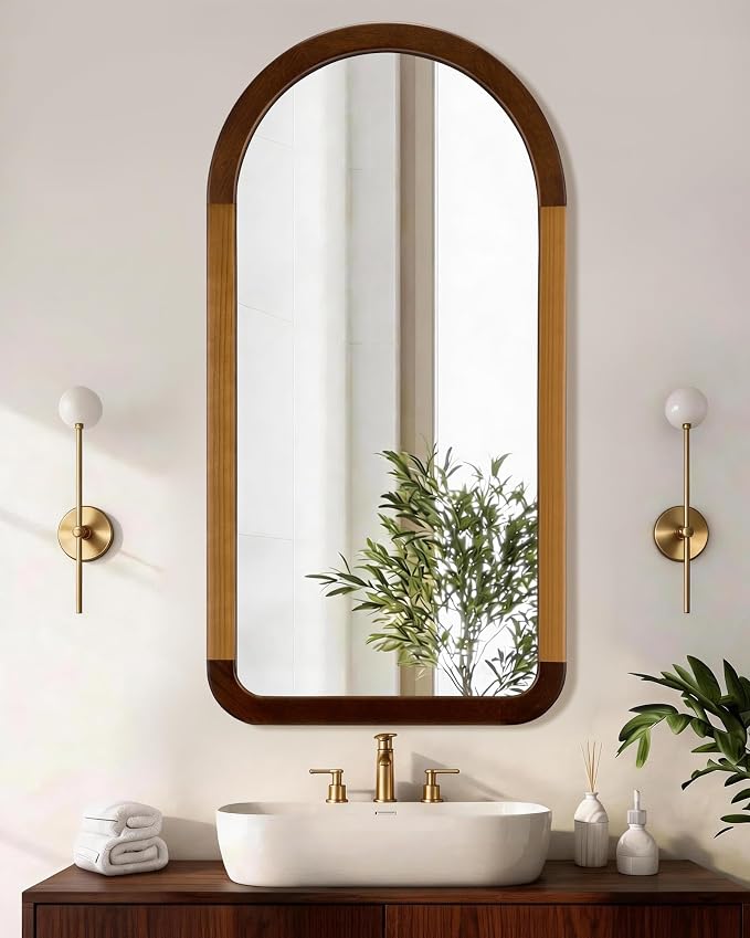 Arched Mirror 24 x 47 Inch,Brown Wood Rustic Bathroom Tempered Wall Mirror with Wood Frame,Round Corner Arch Farmhouse Wooden Vanity Mirror for Living Room,Entryway or Bedroom（Walnut Brown）