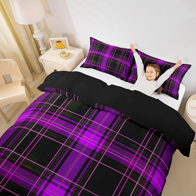 Erosebridal Geometric Plaid Grid Duvet Cover King Modern Checkered Tartan Bedding Set for Kids Teens Vintage Purple Black Comforter Cover Farmhouse Cabin Decor Bed Set, 2 Pillowcases