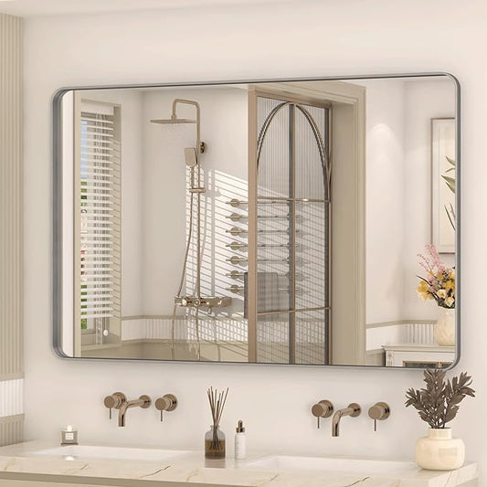 48x30 Silver Brushed Bathroom Mirror for Wall, Brushed Silver Metal Framed Bathroom Vanity Mirror, Rounded Rectangle Mirror, Shatterproof, Anti-Rust (Horizontal/Vertical)
